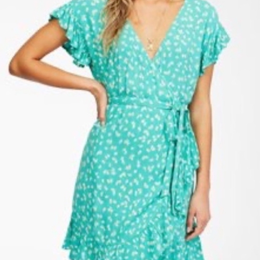 Billabong Teal Floral Mini Dress Wrap Ruffle Floral Holiday Beachy Surfer